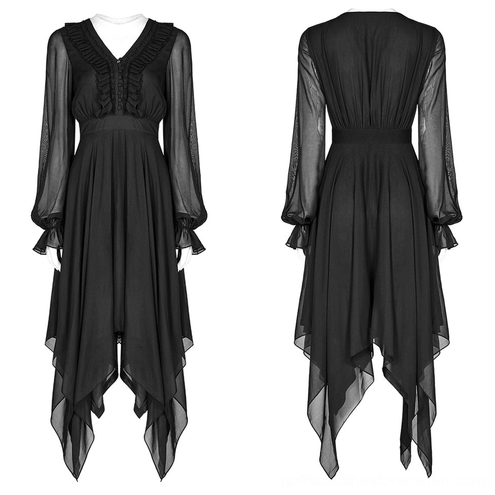 Black asymmetrical chiffon gothic dress front view on dress form mannequin, displaying buttoned ruffled front and fitted waistline