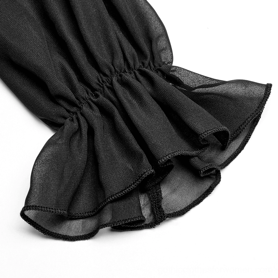 Black asymmetrical chiffon gothic dress full-length view highlighting asymmetric handkerchief hem construction and drape