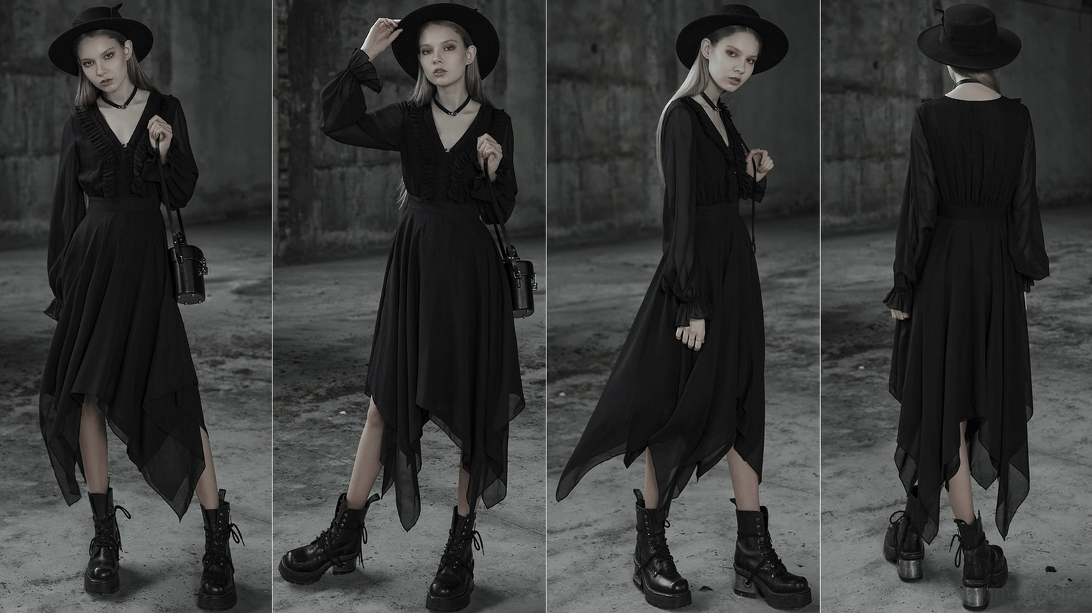 Black asymmetrical chiffon gothic dress back full-length view on form highlighting irregular hem and sleeve details