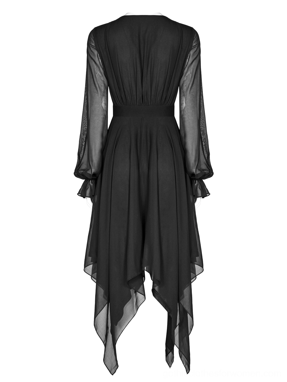 Black asymmetrical chiffon gothic dress back view on mannequin, showcasing sheer long sleeves and tailored high waistline