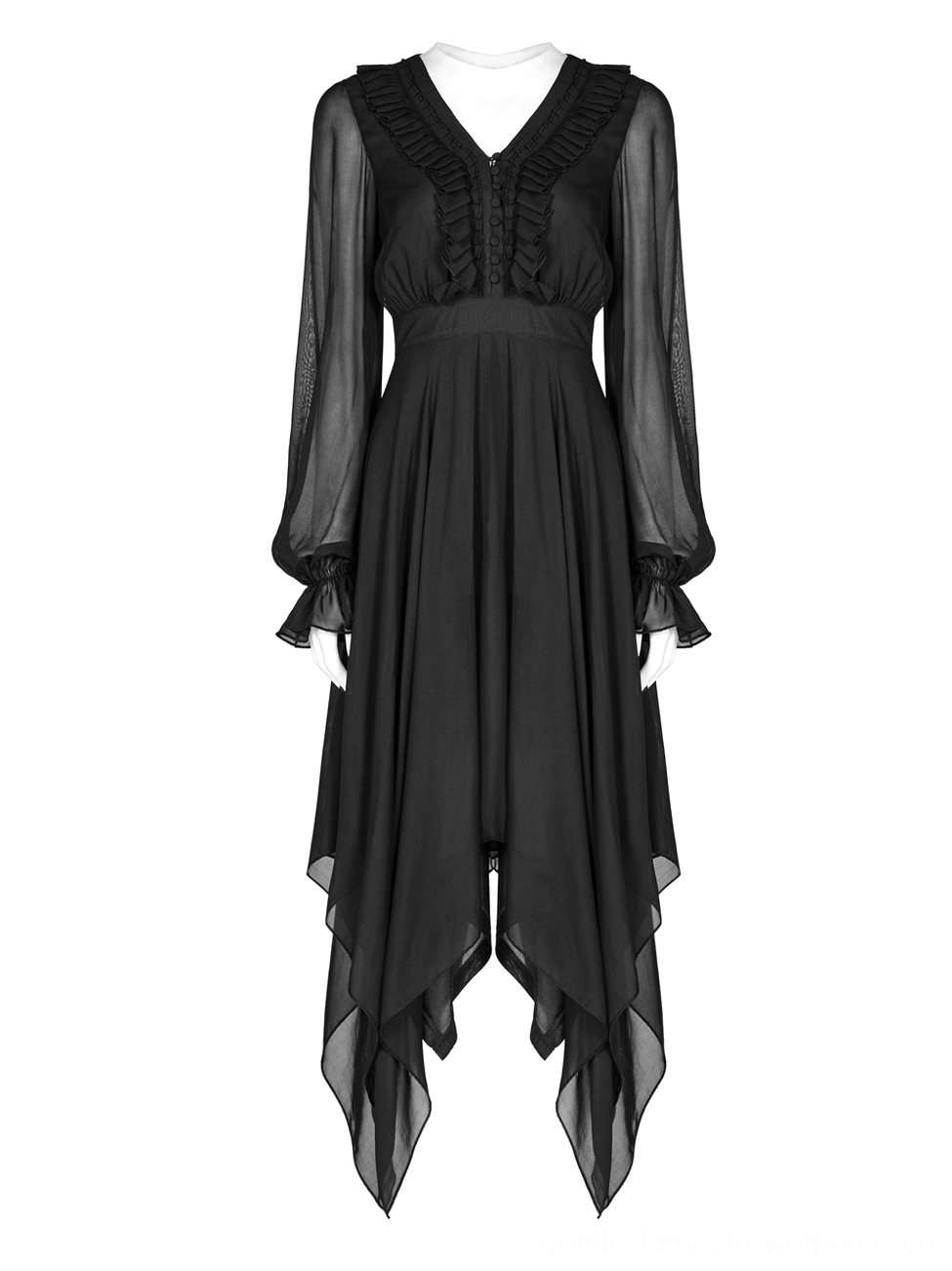 Black asymmetrical chiffon gothic dress standard front display on dress form, showing complete silhouette and proportions