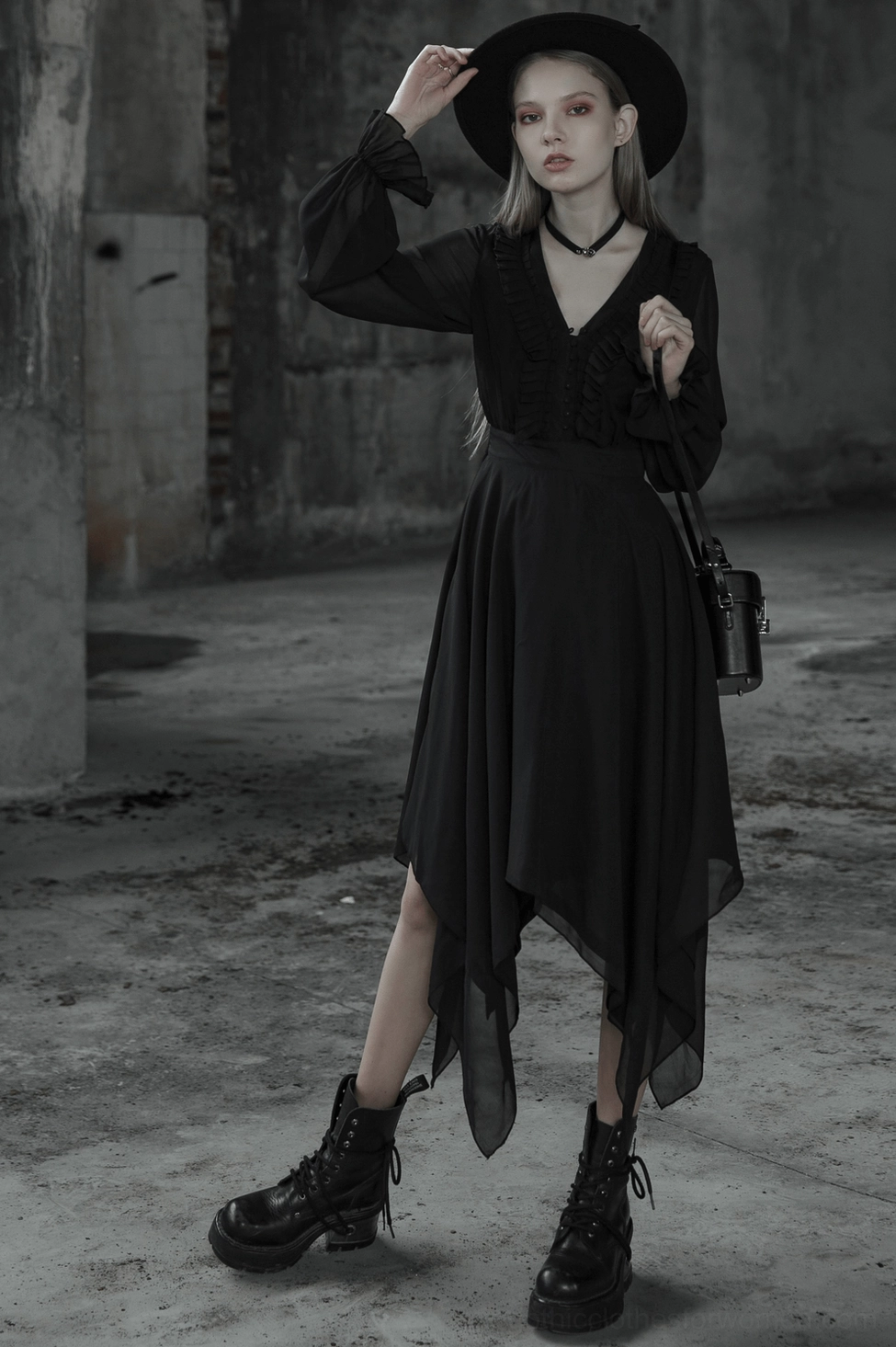 Black asymmetrical chiffon gothic dress detail showcasing the unique layered handkerchief hem construction from multiple angles