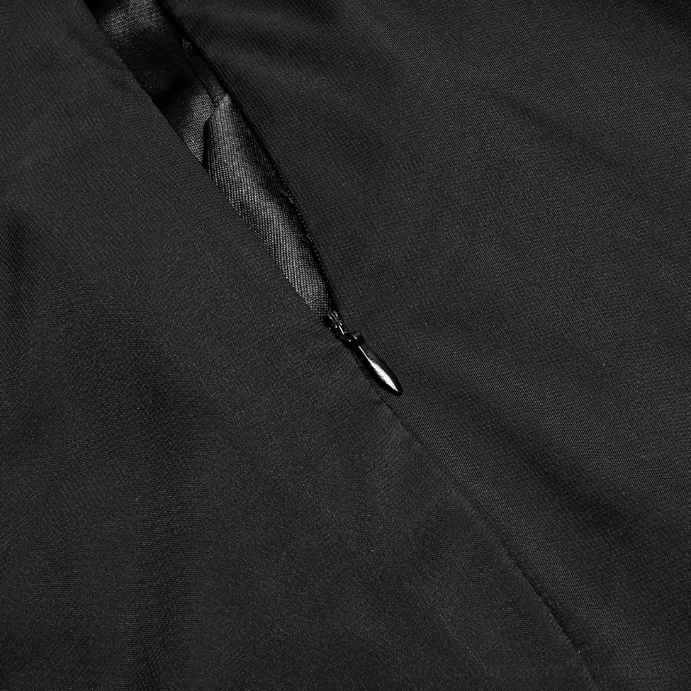 Black chiffon gothic dress closure detail showing hidden zipper fastening mechanism on inner seam