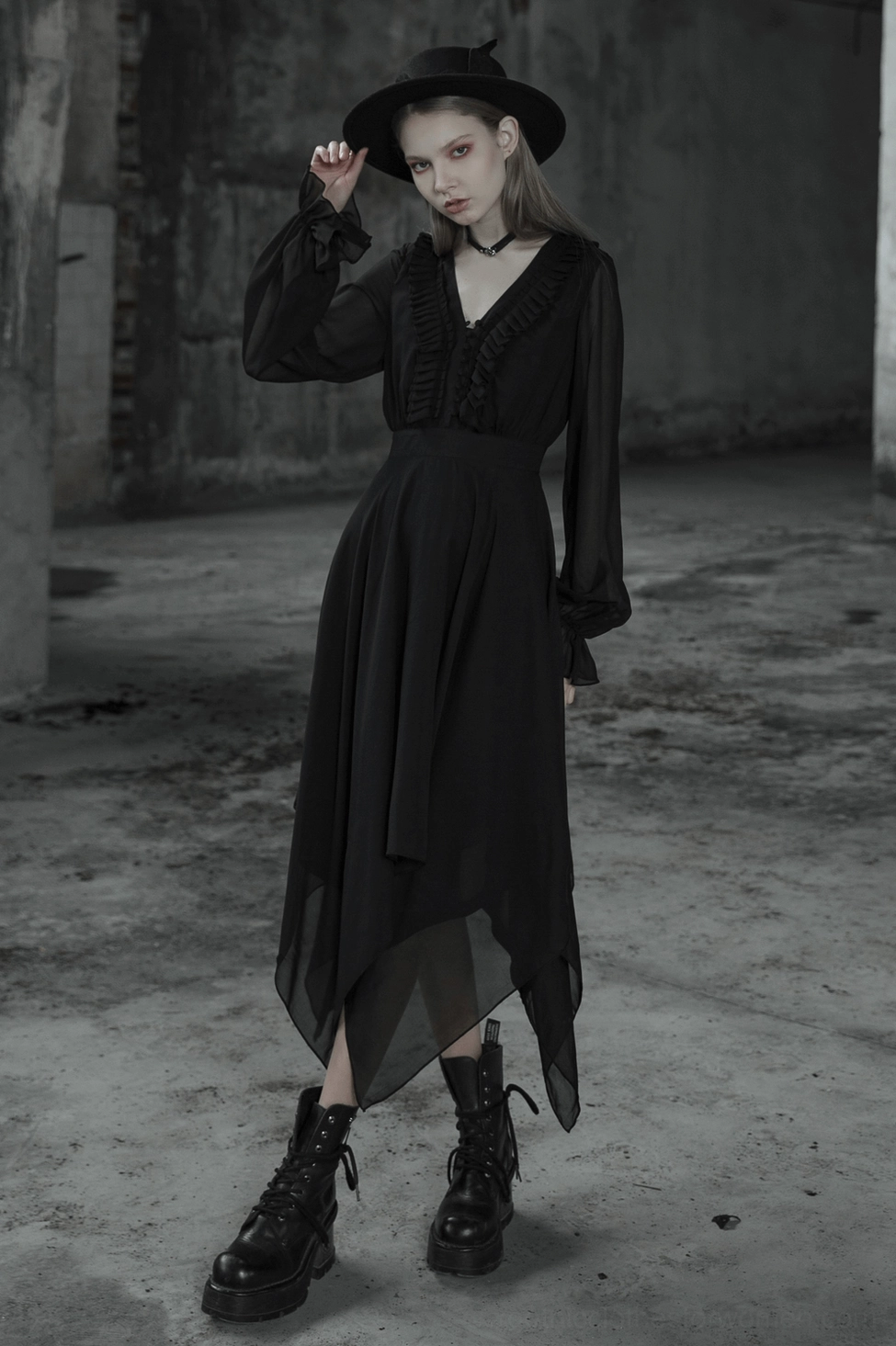 Black asymmetrical chiffon gothic dress mannequin display showing overall proportions and silhouette in studio setting