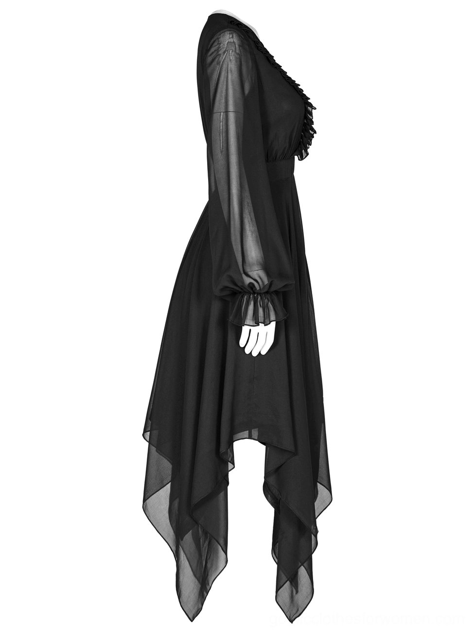 Black asymmetrical chiffon gothic dress side view on mannequin, highlighting asymmetric handkerchief hem and lateral silhouette