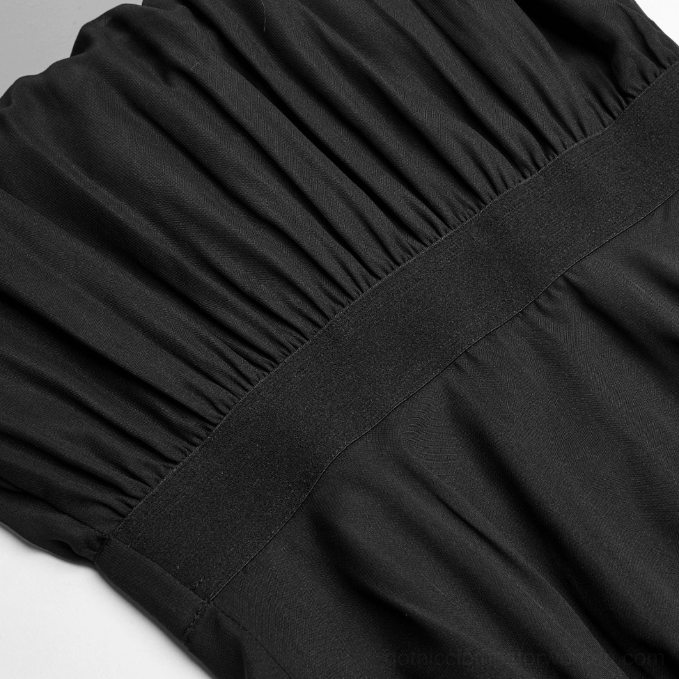 Black chiffon gothic dress sleeve cuff close-up detail, showing gathered cuff and elastic waistband construction