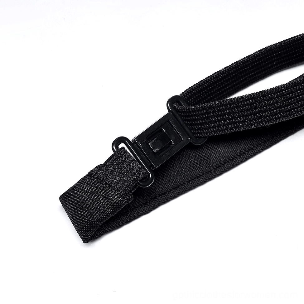 Adjustable elastic band and plastic buckle closure of black gothic choker tie showing woven fabric construction