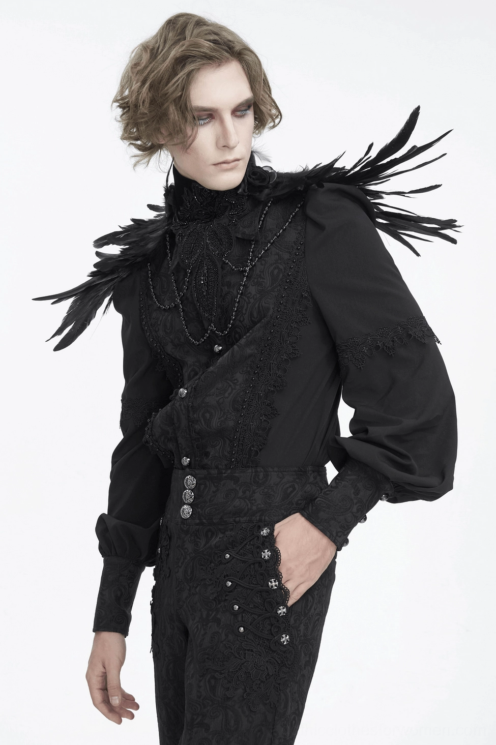 Gothic beaded feather choker neckwear piece displayed showing all decorative elements including bead tassels, lace work, and feather accents for alternative fashion