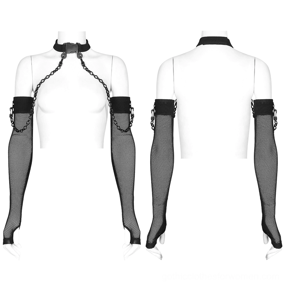Complete black fishnet gothic choker and arm sleeve set displayed on mannequins showing front and back product views with chain hardware and metal rivets