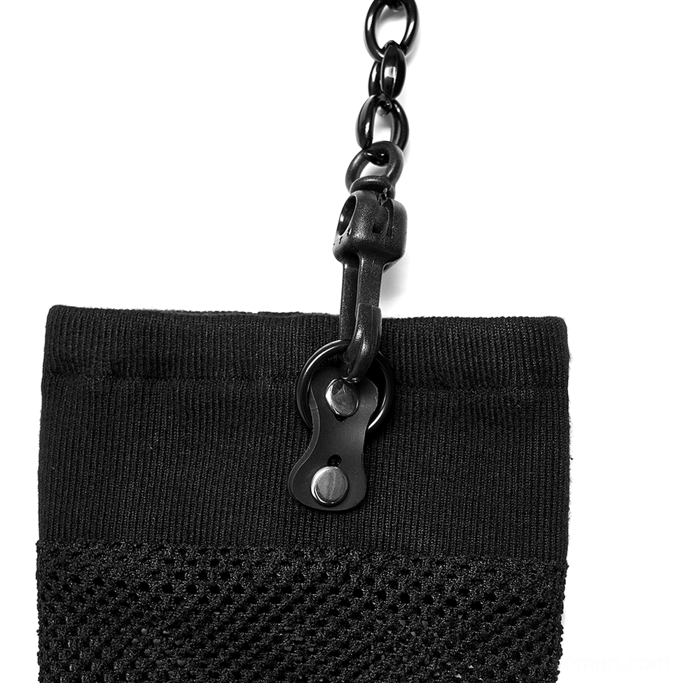 Black fishnet gothic choker and arm sleeves accessory set showing detachable modular design with chain connections and metal rivet hardware