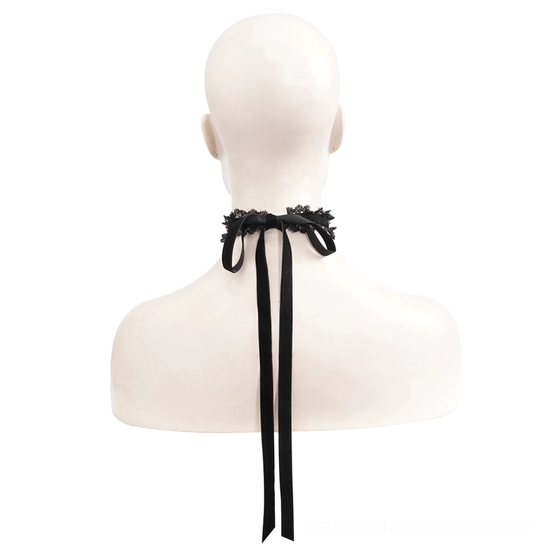 Back view of gothic lace choker displaying long black ribbon tie closure and ruffled scalloped lace neckline detail