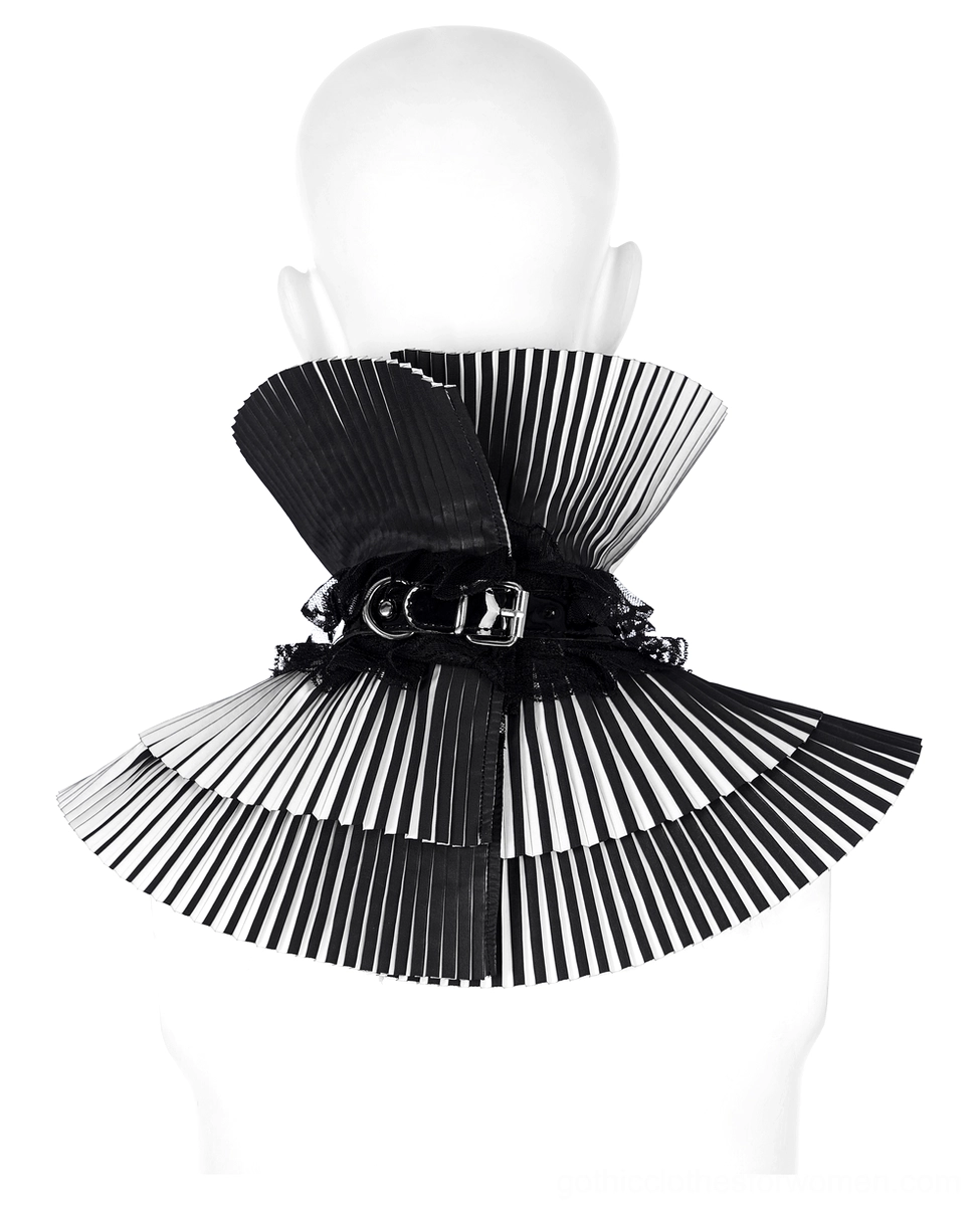 Rear view of gothic detachable choker showing fan-shaped striped hem and metal hardware details