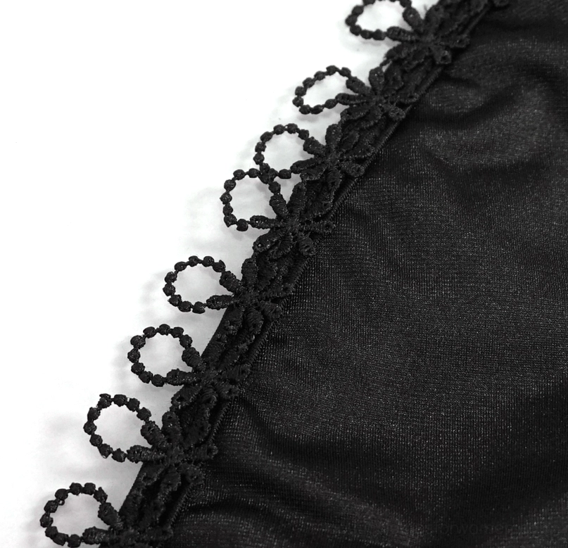 Gothic choker bikini ensemble detail shot highlighting tie-up top and double-strap bottom design