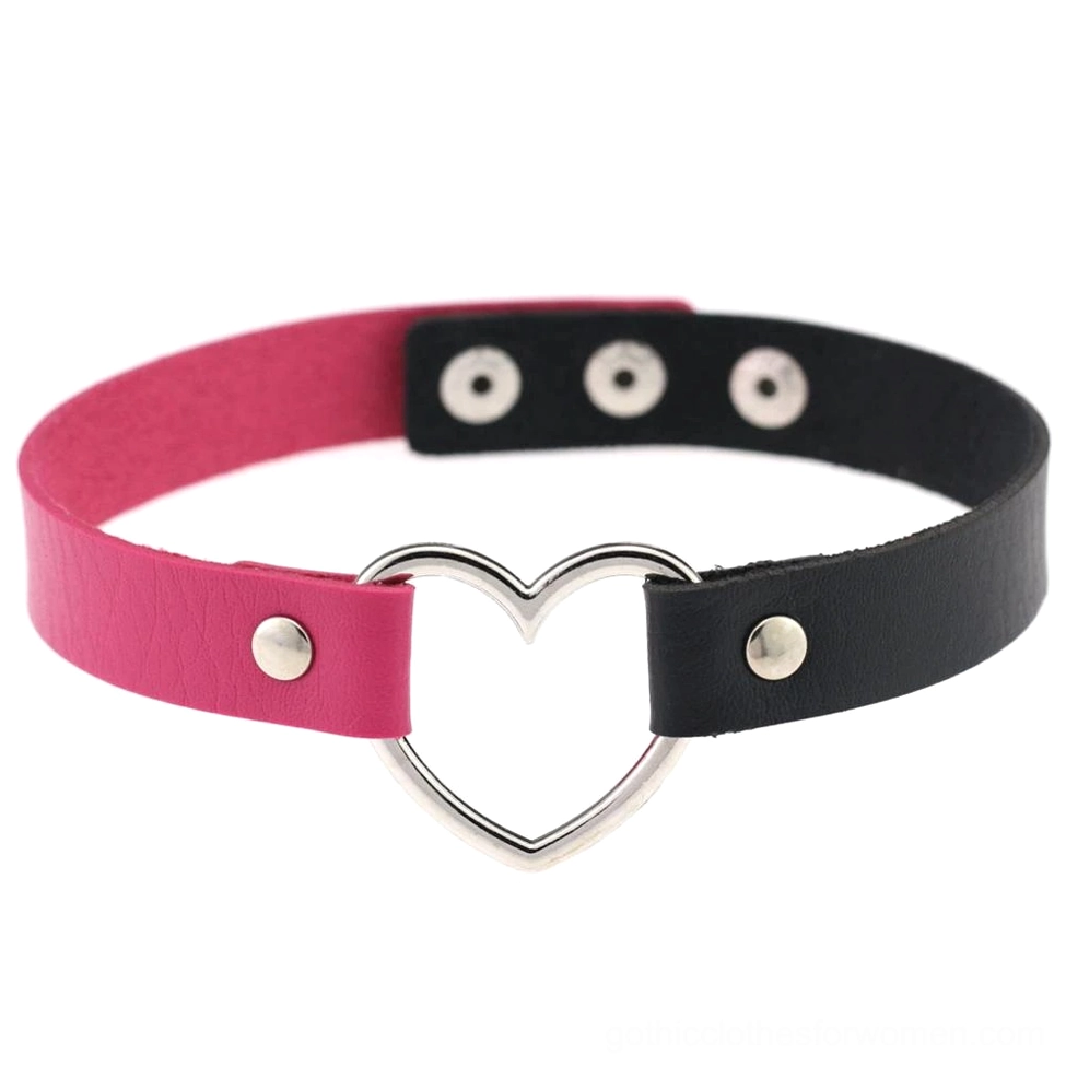 Black and rose red two-tone gothic choker collar featuring polished silver heart charm and link chain design