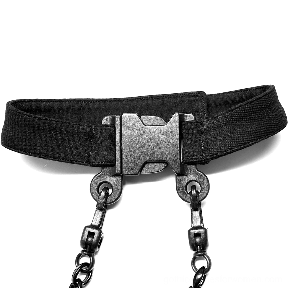 Gothic choker strap close-up showing black webbed fabric base with matte black metal quick-release buckle and dual chain attachment points for harness styling