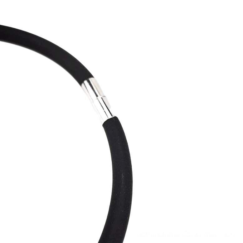 Gothic silicone choker end joint detail - black silicone tube with silver metal clasp fastening