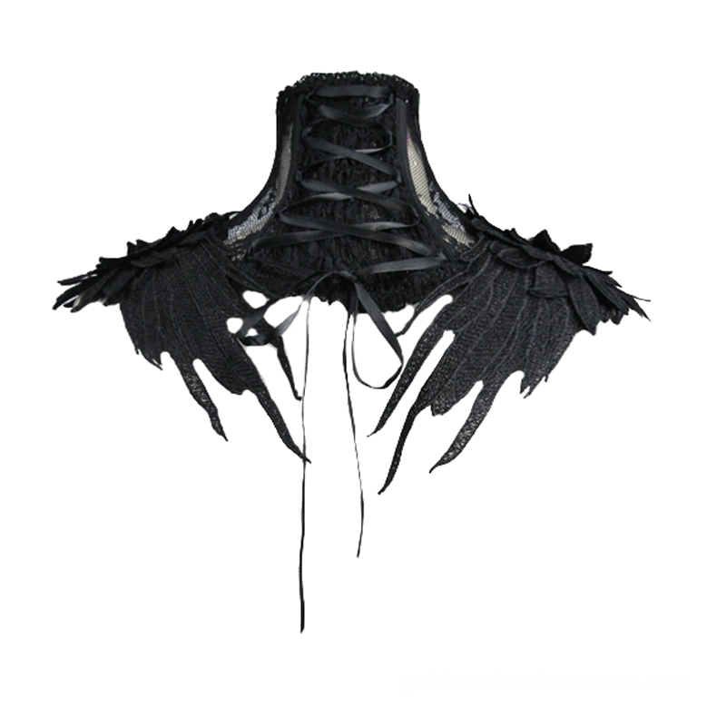 Black gothic lace high collar choker flat lay displaying full silhouette with wing appliqués and scalloped edges