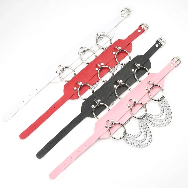 Set of four gothic choker variations in black, red, pink, and white leather with matching O-ring chain designs