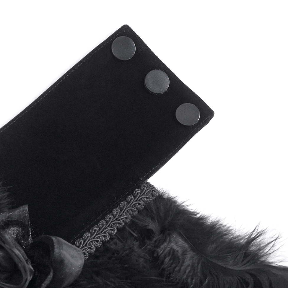 Detailed view of gothic choker collar construction showcasing hand-beaded lace, feather shoulder padding, and velvet neckband fastening mechanism