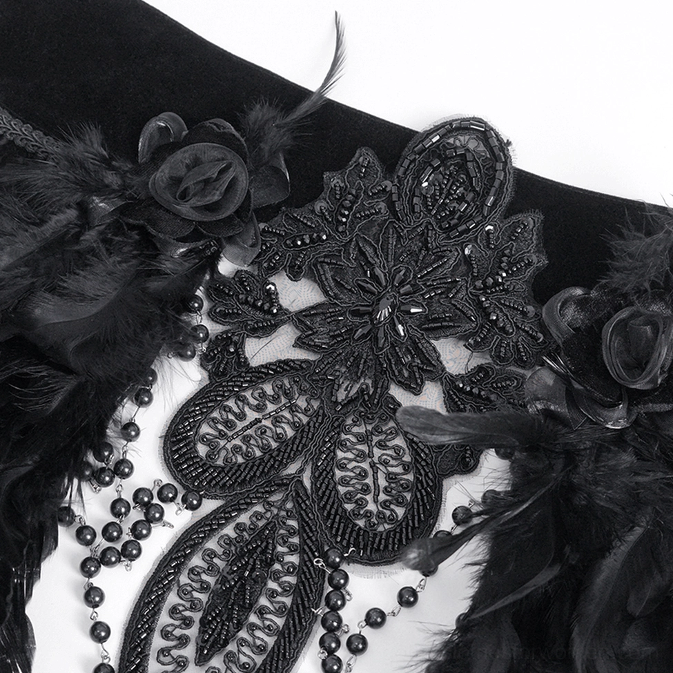Macro close-up of gothic choker embroidery showing beaded floral lace work, delicate feather details, tiny bead ornaments, and black fabric construction