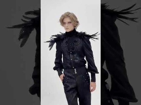 Cropped collage of gothic feather choker details showing male model wearing dark black gothic suit with feather collar accents and close-up partial views of beaded embellishments