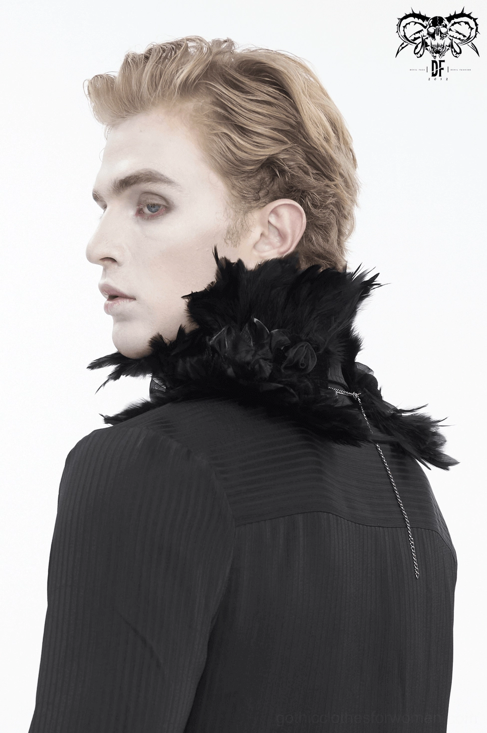 Black gothic choker with feathers and fabric flowers, front angle product display
