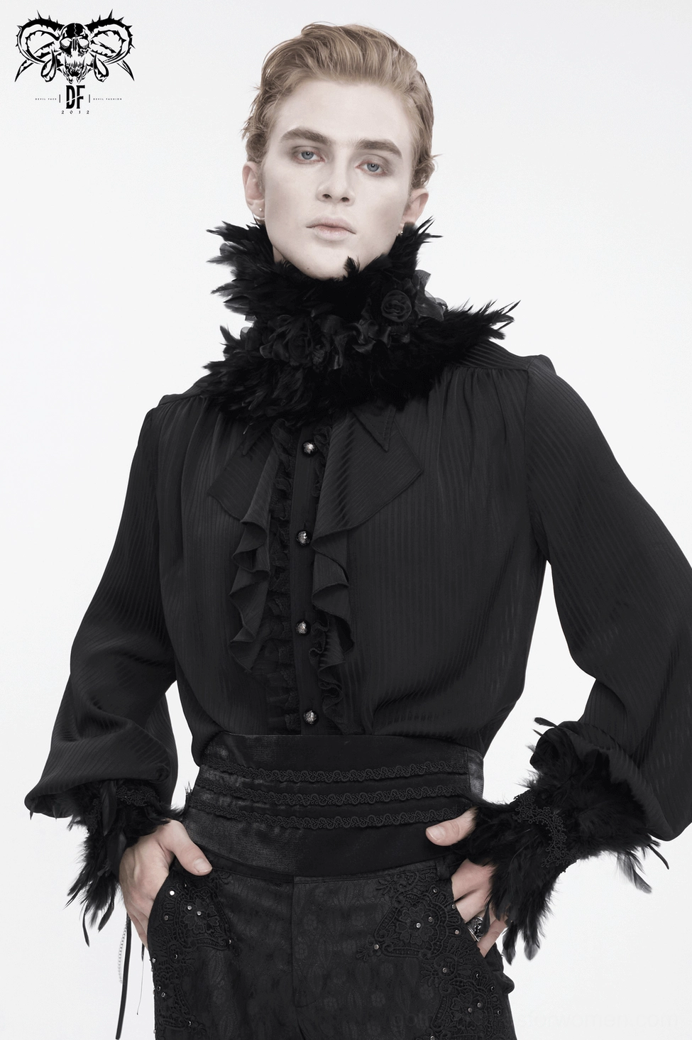 Gothic feather choker accessory detail shot, showing feather texture and lace overlay