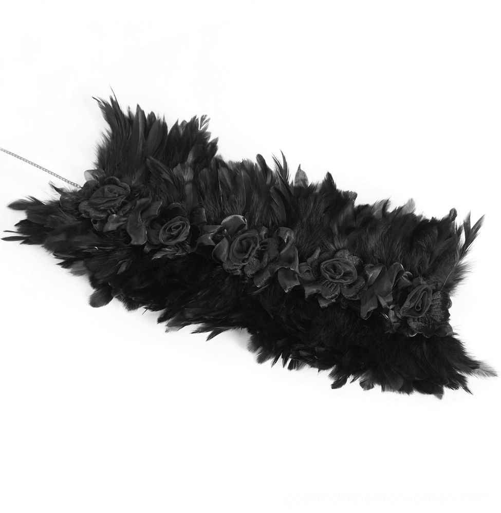 Long black feather choker scarf with multiple fabric roses, side flat lay view