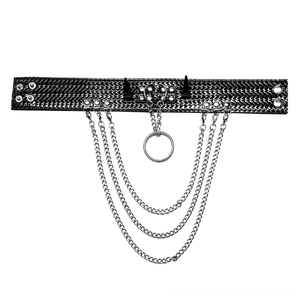Gothic choker flat lay product shot with triple silver chains and O-ring suspension, black woven leather base