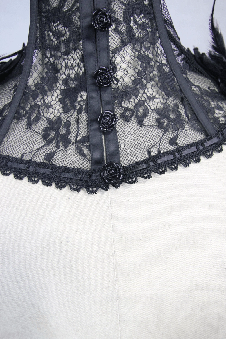 Front close-up detail of gothic lace choker showing vertical rose button trim and delicate lace fabric