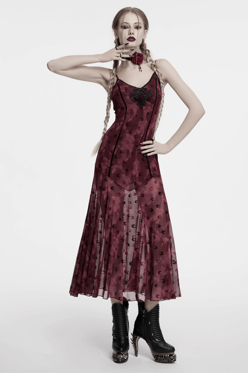 Full body gothic styling with rose choker, sheer wine red skirt, braided hair and platform boots
