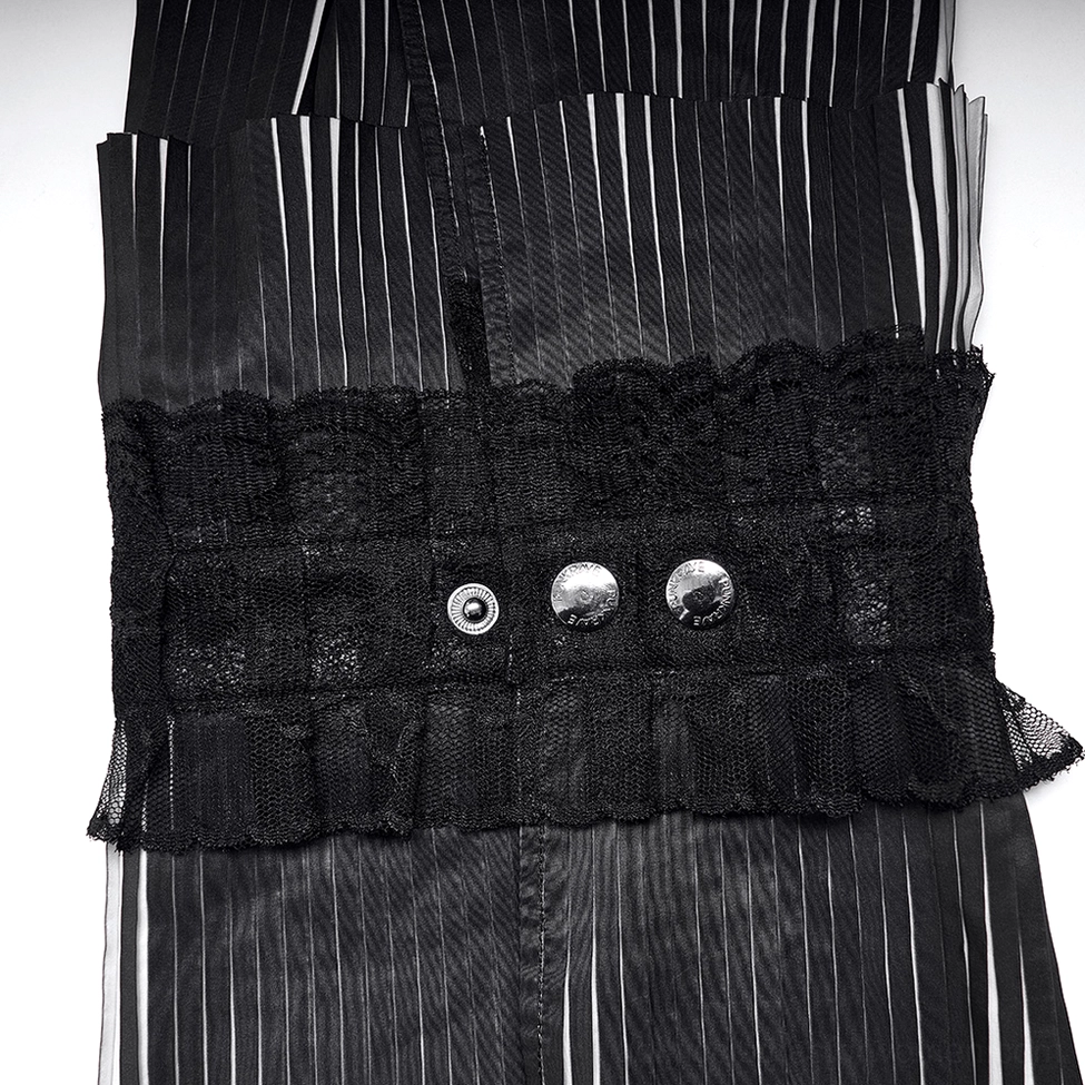 Close-up detail of black lace ruffle trim with metal snap buttons on gothic choker