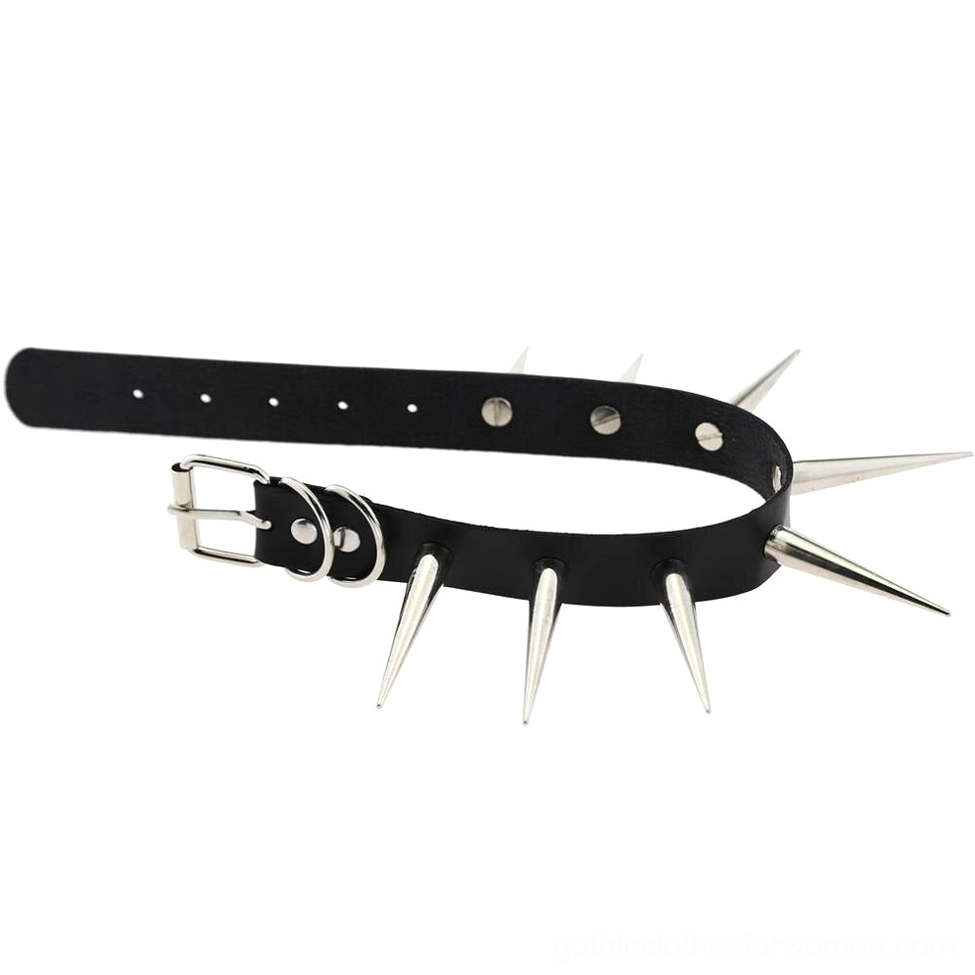 Gothic studded leather choker necklace showing thickness and quality of faux leather material construction