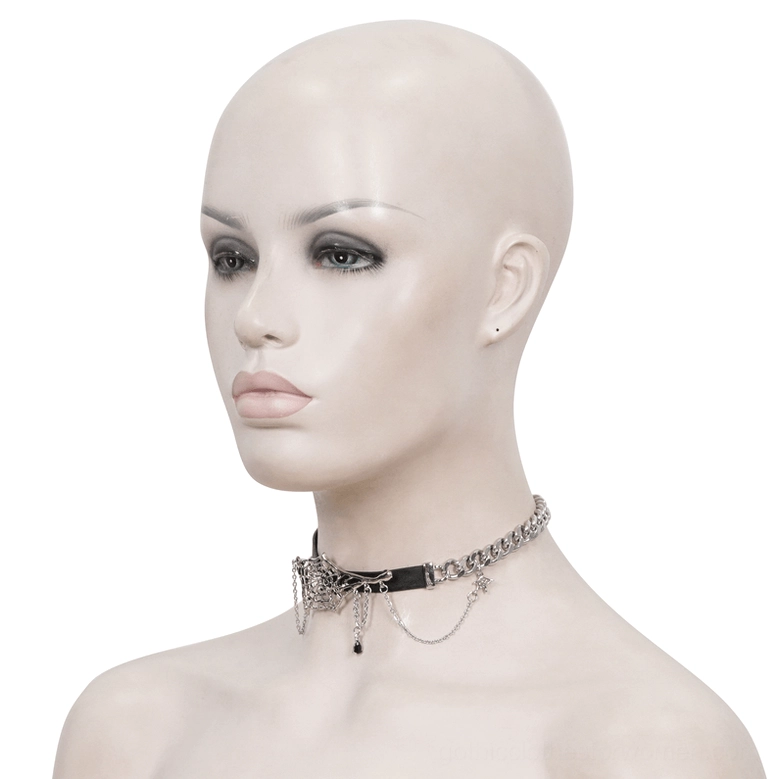 Black leather choker with silver spider web accents - left side neck view on mannequin