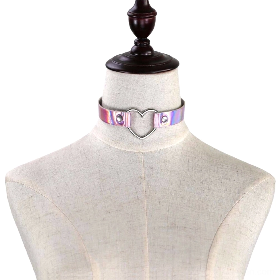 Purple iridescent holographic heart choker on mannequin display illustrating gothic choker fit and wearable style on neck