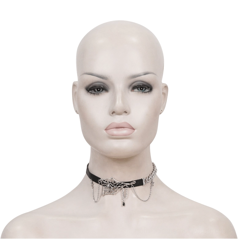 Gothic spider web choker displayed on mannequin - full front neck and face view