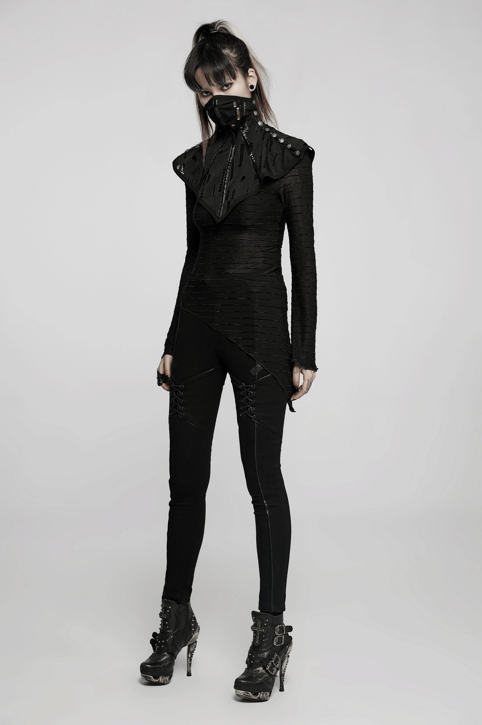 Black mesh gothic face mask collar detail showing button fasteners and mesh breathable construction