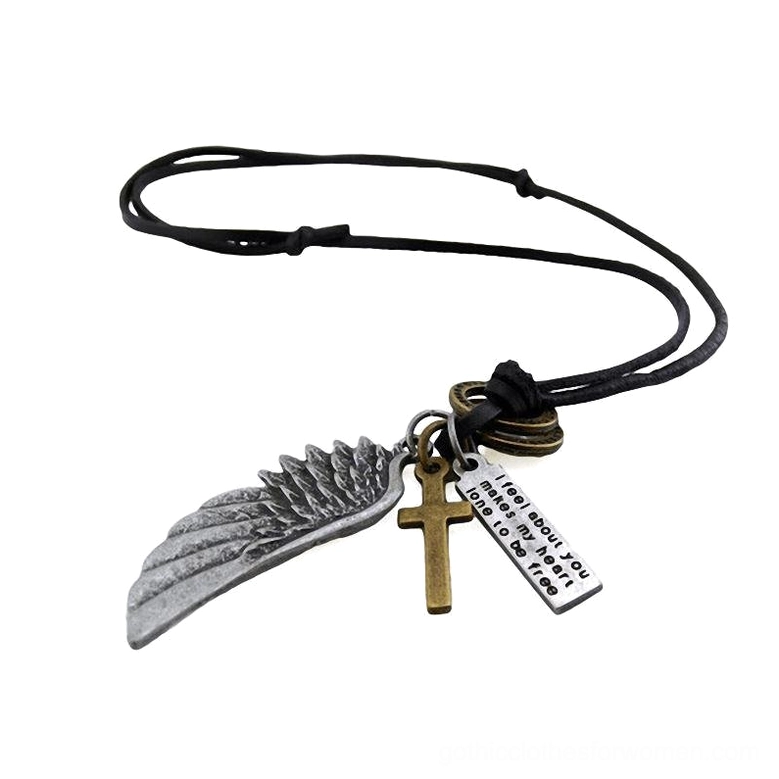 Black leather gothic choker necklace with mixed silver angel wing and bronze cross and text tag charms, flat lay view