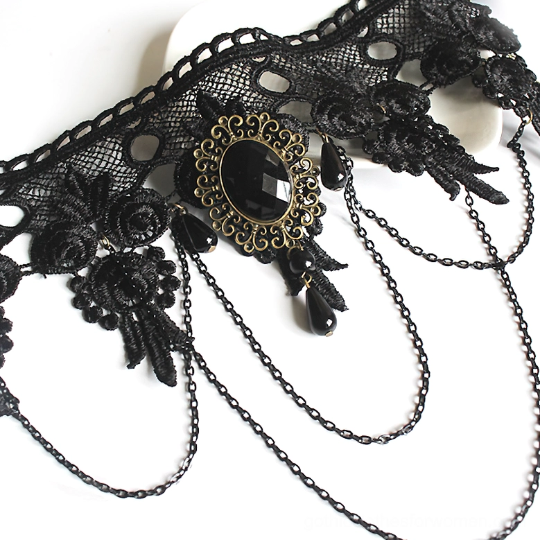 Angled side view of gothic lace choker showing layered metal chains, floral lace details, and dimensional craftsmanship