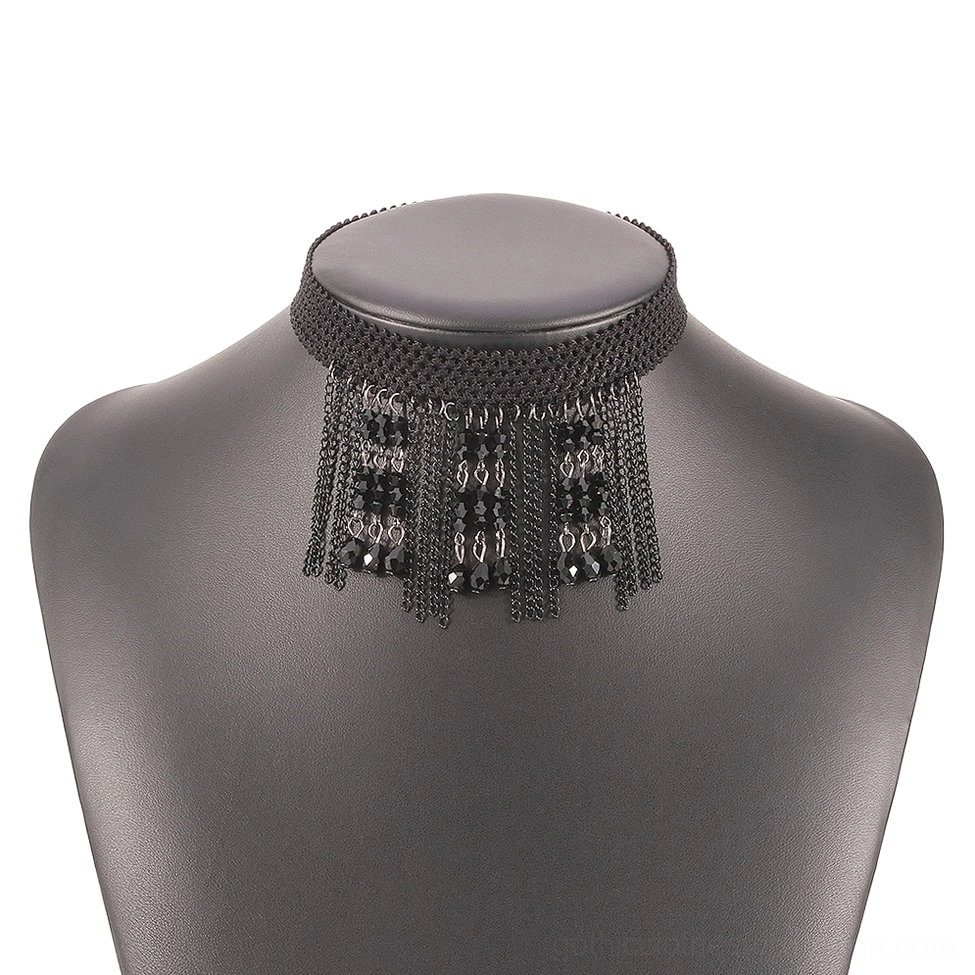 Black tassel choker necklace displayed on mannequin torso, featuring detailed woven mesh collar and hanging black bead crystal tassel decorations