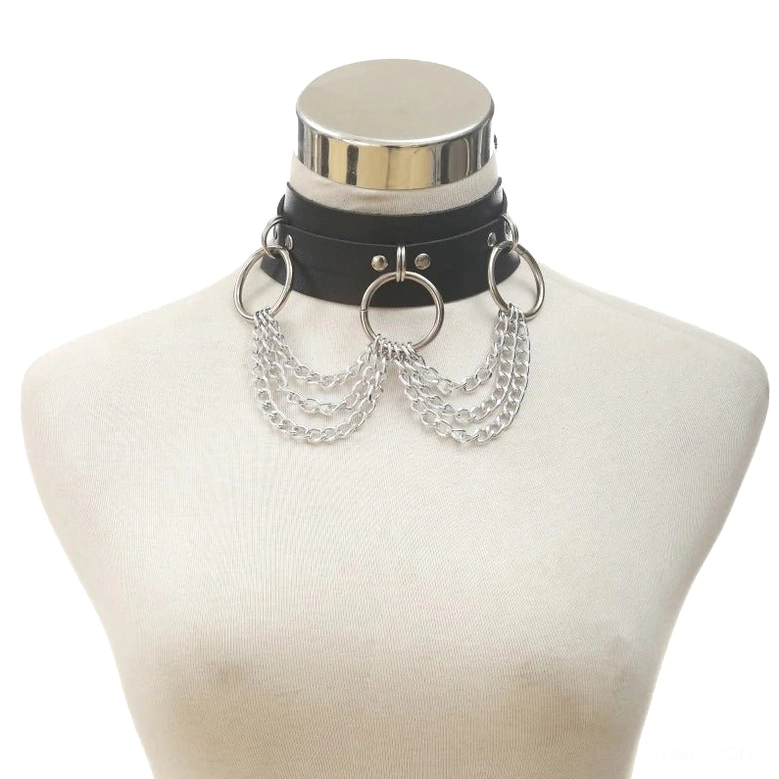 Worn gothic choker necklace on mannequin, front view displaying industrial chain and O-ring in context