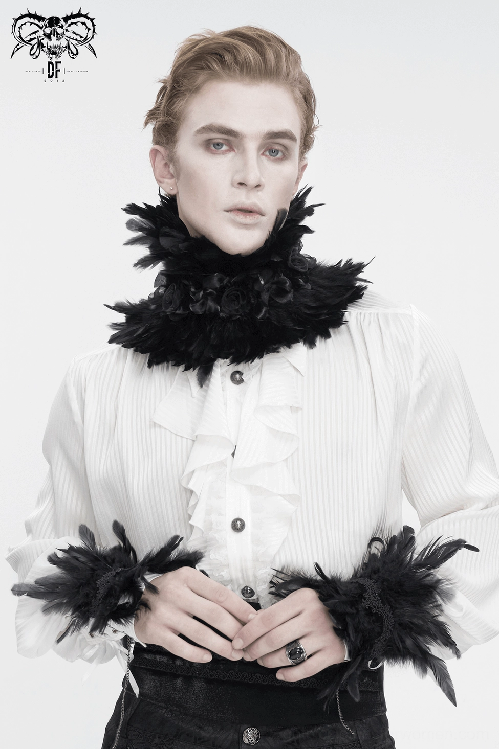 Black gothic feather choker with ornate fabric roses, theatrical goth collar design