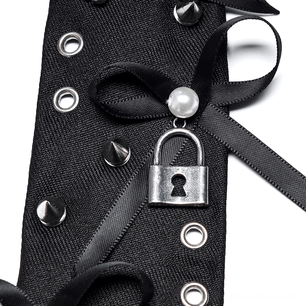 Detailed close-up of gothic choker tie padlock pendant charm with satin bow and pearl metal trim embellishments