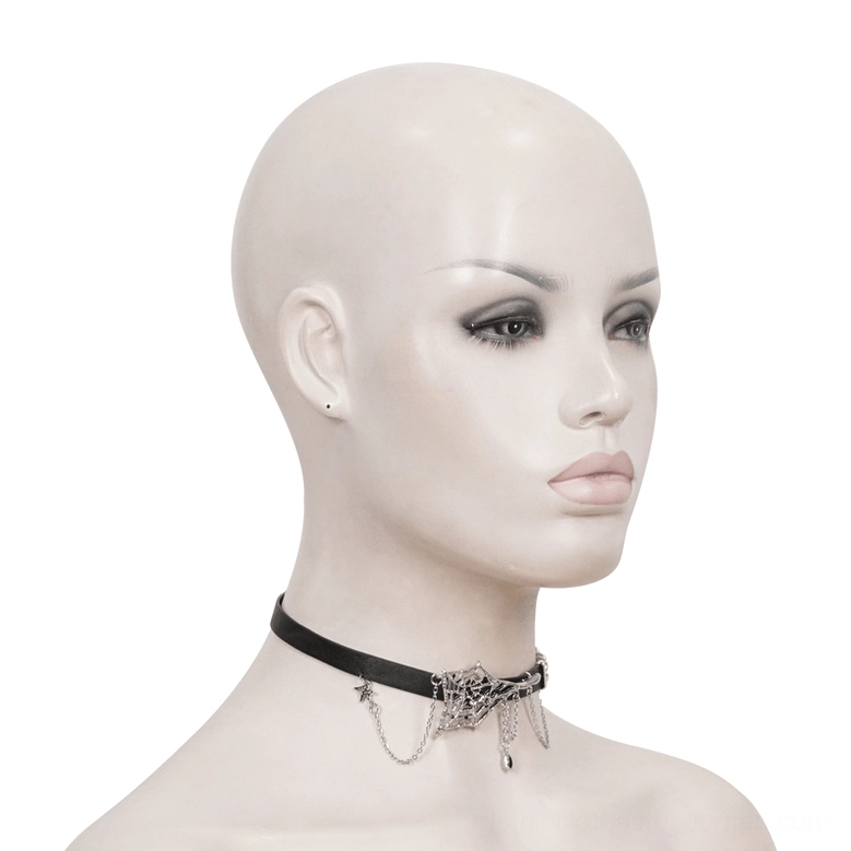 Silver chain and spider web gothic choker - right side front view on mannequin