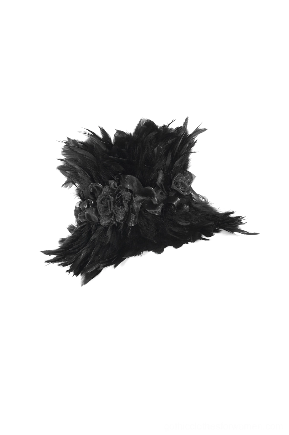 Ruffled black feather choker with symmetrical design, flat lay detail view
