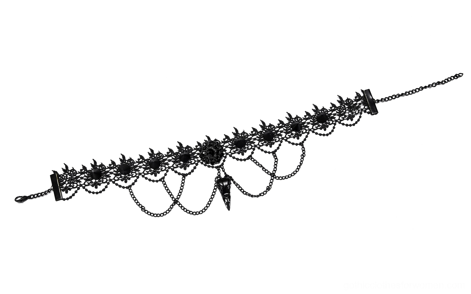 Side flat lay of gothic bird skull choker showing chain tassels and lobster claw clasp closure