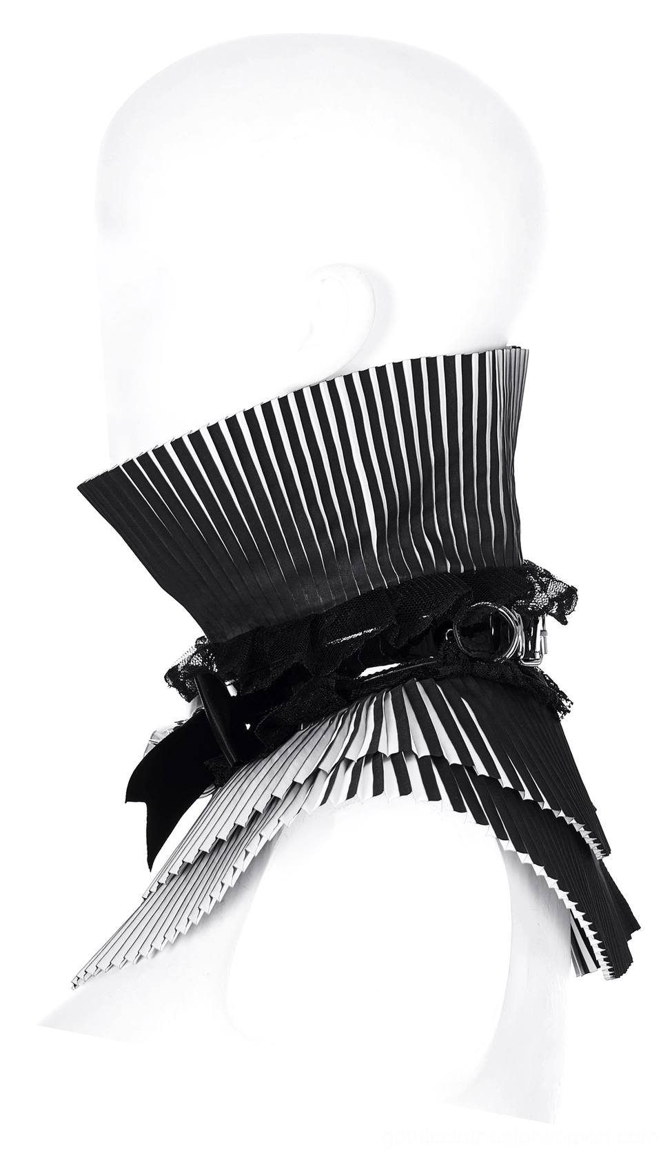 Left side view of black gothic detachable choker with lace and buckle decoration on pleated fabric