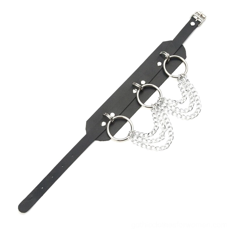 Gothic choker necklace with adjustable buckle system, side angle view showing triple O-rings and industrial chain details