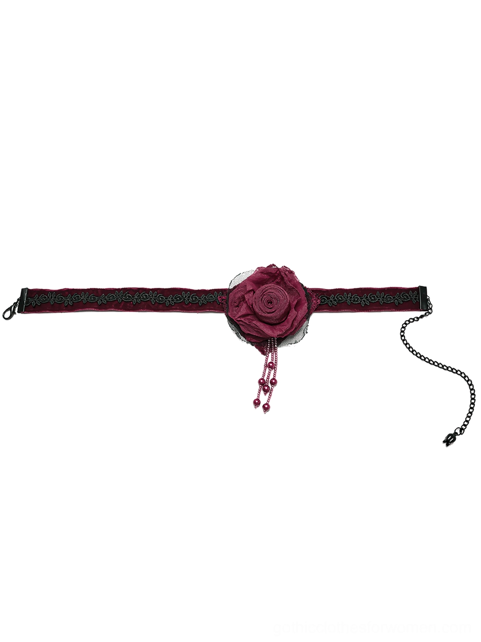 Top side view of gothic choker showing wine red rose pendant and black metal adjustable extension chain