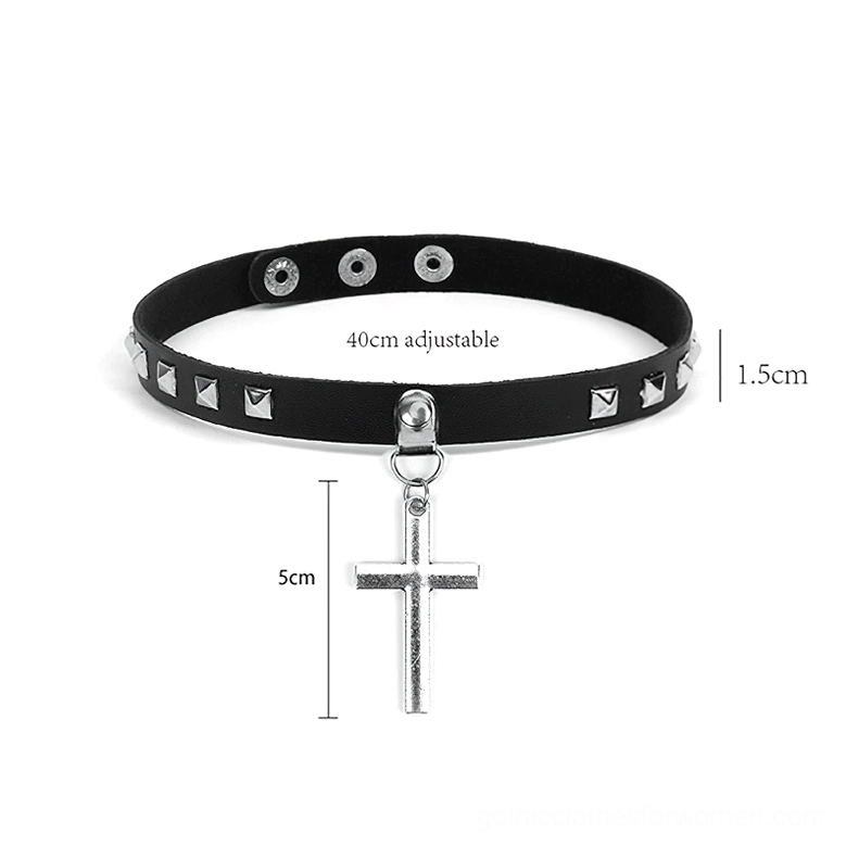 Gothic choker with size measurements - 40cm adjustable strap, silver cross pendant specifications